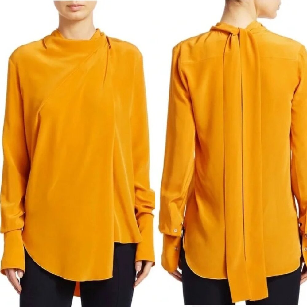 New A.L.C. Sophie 100% Silk Draped Tied Neck Yellow Blouse Sz 0 - 4 - Picture 2 of 16